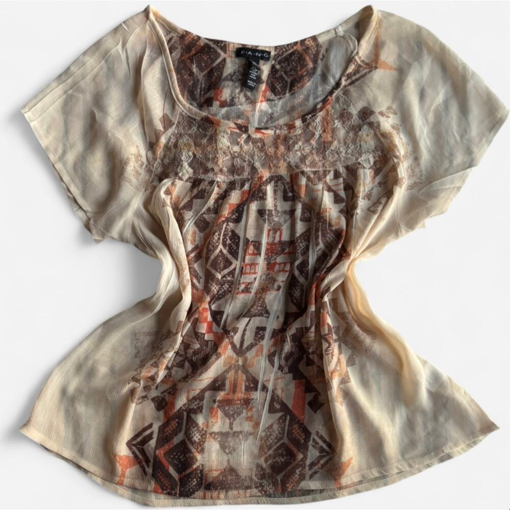 FANG Women's Boho Style Blouse with Geometric Print